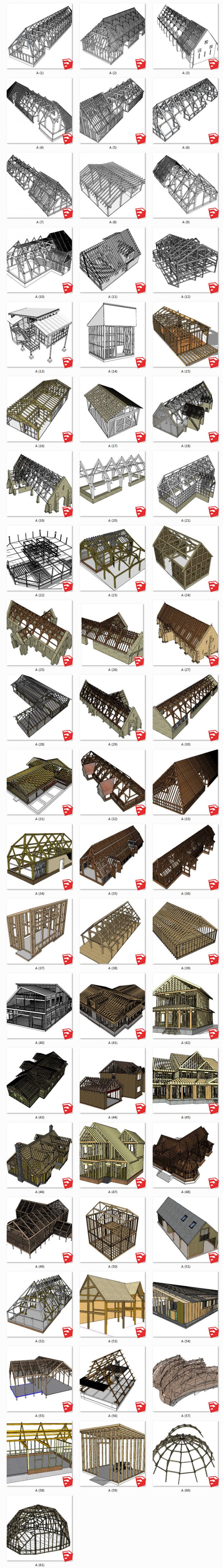木框架结构丨古建筑屋顶丨木屋丨木架 SU模型